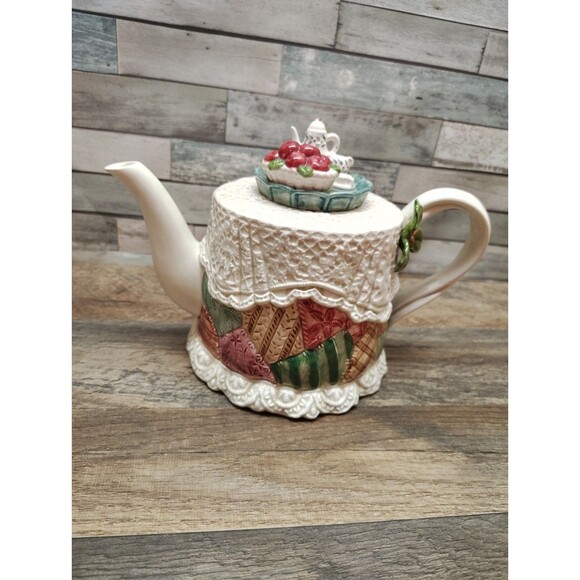 Vintage Fitz & Floyd 1992 34oz Knit Doily Christmas Teapot Cottage Core Granny - Picture 2 of 12